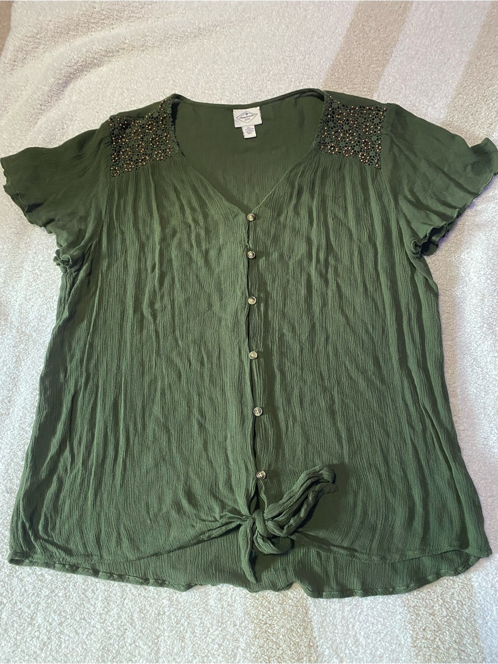 St. John's Bay Olive Green Button-Front Tie-Hem Blouse